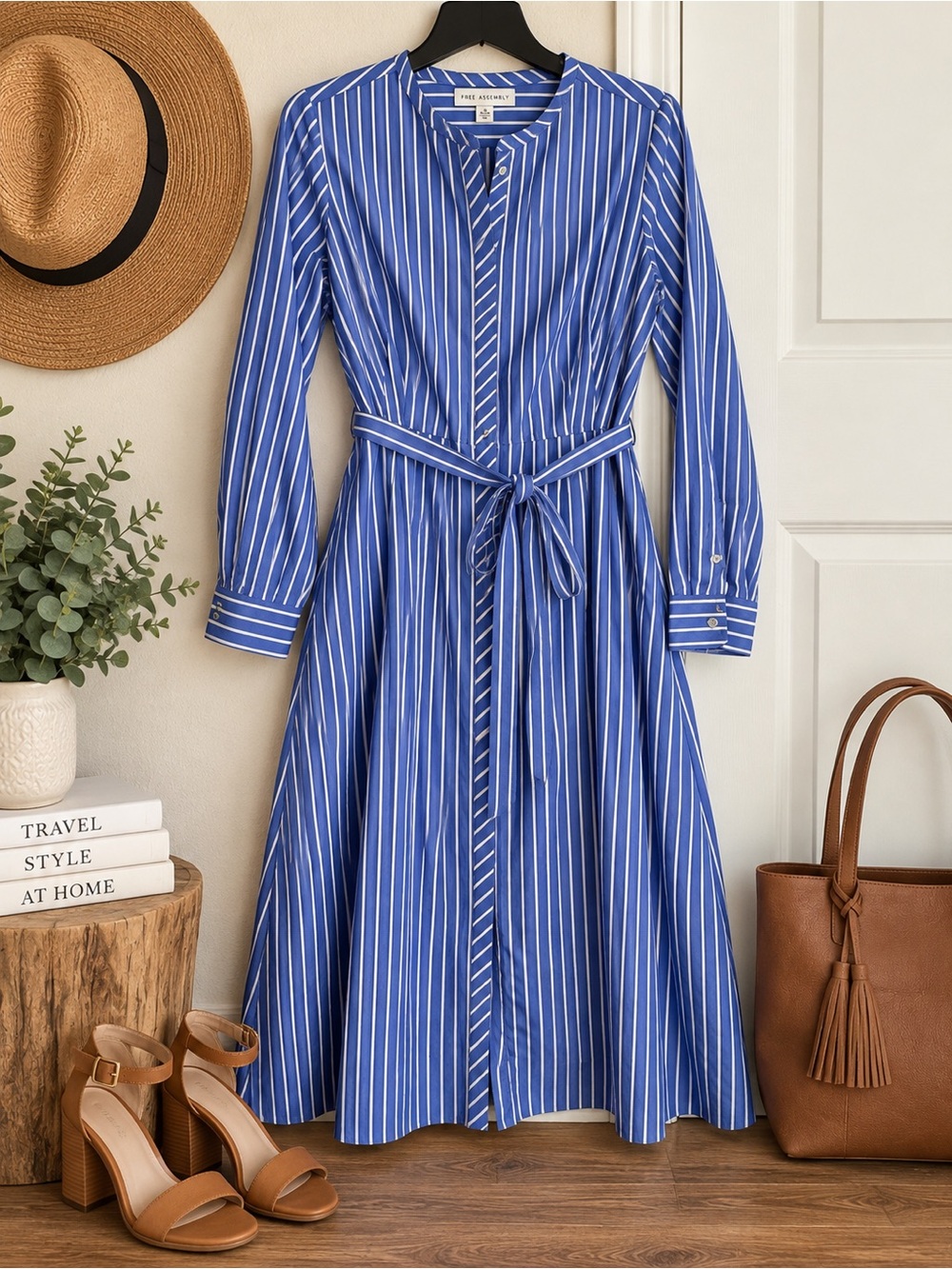 Blue and White Striped Midi Shirt Dress with Tie Belt
